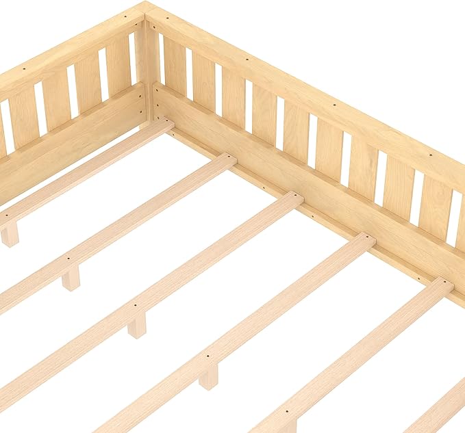 Bellemave Queen Size Floor Bed with Slats and Safety Guardrail, Queen Size Montessori Floor Bed with Fence and Built-in Bookshelf, Easy Assemble Montessori Beds for Girls, Boys, Light Natural