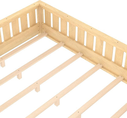 Bellemave Queen Size Floor Bed with Slats and Safety Guardrail, Queen Size Montessori Floor Bed with Fence and Built-in Bookshelf, Easy Assemble Montessori Beds for Girls, Boys, Light Natural