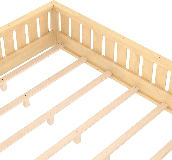 Bellemave Queen Size Floor Bed with high Rails and with Built-in Bookshelf for Kids, Girls, Boys, Wood Montessori Floor Bed Without Door, Light Natural