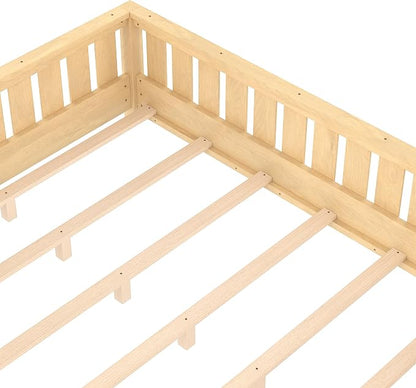 Bellemave Queen Size Floor Bed with high Rails and with Built-in Bookshelf for Kids, Girls, Boys, Wood Montessori Floor Bed Without Door, Light Natural