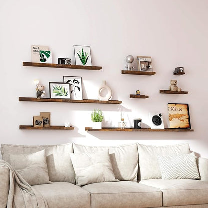 Floating Shelves for Wall Decor, Long Wall Mounted Storage Shelf for Bedroom, Living Room, Bathroom, Kitchen, Nursery, Rustic Display Picture Ledge Shelf with Lip Set of 2-24 Inches, Brown