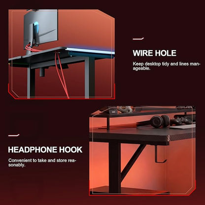 GTPLAYER 55 Inch Gaming Desk with LED Lights, Large Computer Desk with Mouse Pad for Home Office, T-Shaped Carbon Fibre Surface PC Game Workstations with Headphone Hook