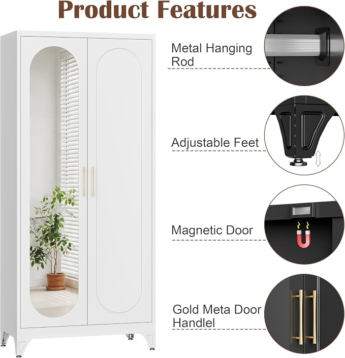 SteeLoong Metal Wardrobe Cabinet with Hanging Rod, 71" Tall Armoire Wardrobe Closet with Mirror Doors and Adjustable Shelves, White Clothing Storage Cabinets for Bedroom, Laundry Room,Office
