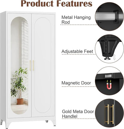SteeLoong Metal Wardrobe Cabinet with Hanging Rod, 71" Tall Armoire Wardrobe Closet with Mirror Doors and Adjustable Shelves, White Clothing Storage Cabinets for Bedroom, Laundry Room,Office