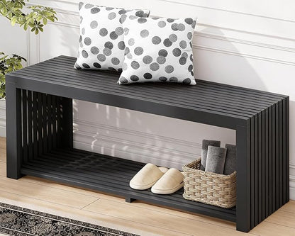 Bamboo Bench with Shelf, 35'' Entryway Bench Seat, Black | Shoe Bench for Entryway, Hallway, Doorway, Modern Benches for End of Bed Bench, Low Bench for Window