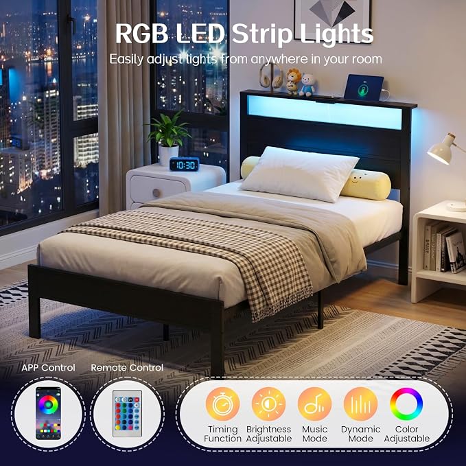 Black Twin Bed Frame with LED Lights and USB Charging Station, Modern Metal Platform Bed with Storage Headboard and Under-Bed Space, Noise Free, Sturdy Frame, No Box Spring Needed, Easy Assembly