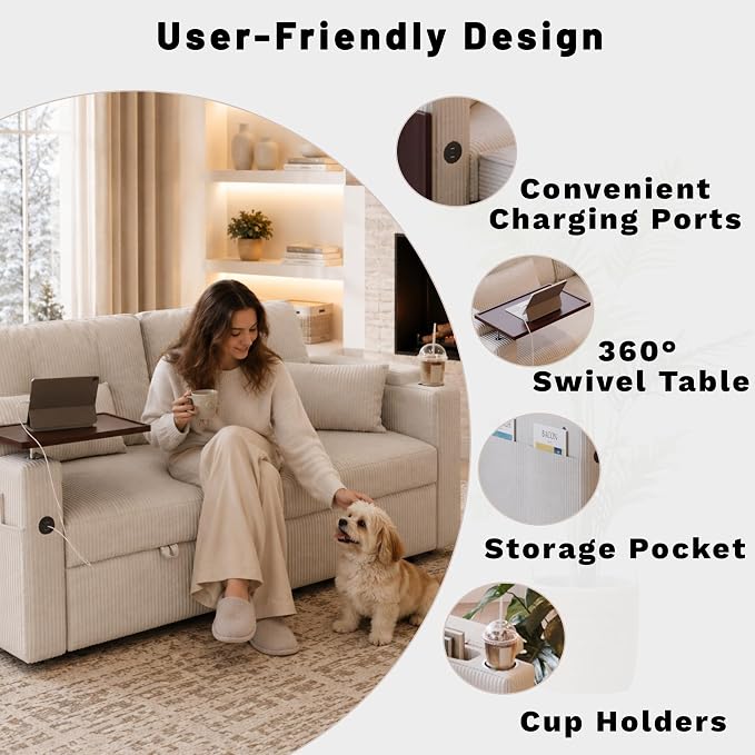 73" Queen Size Sofa Bed, Loveseat Sleeper Sofa with Pull Out Bed, 360° Swivel Table and USB, Modern 2 Seater Convertible Corduroy Couch for Living Room Bedroom Apartment, Beige