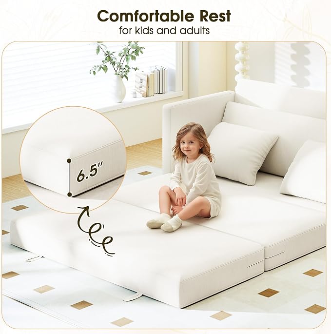 Myroyalsit 65" Convertible Loveseat Sofa Bed, 2-in-1 Folding Sofa Bed with 2 Pillow for Small Spaces, Modern Loveseat Sleeper Couch for Apartment, Living Room & Guest Room (Beige Chenille, 65 inch)