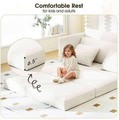 Myroyalsit 65" Convertible Loveseat Sofa Bed, 2-in-1 Folding Sofa Bed with 2 Pillow for Small Spaces, Modern Loveseat Sleeper Couch for Apartment, Living Room & Guest Room (Beige Chenille, 65 inch)