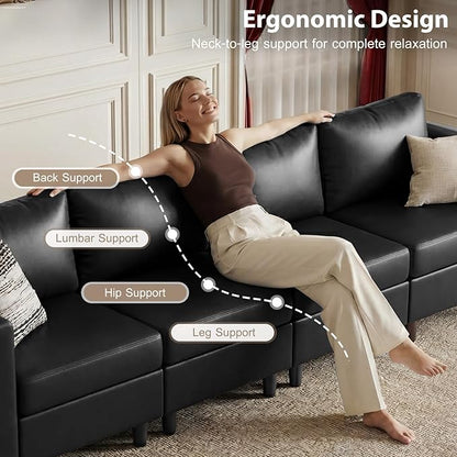 ABCASA 118.5" U Shaped Leather Couch, 7 Seater Oversized Modular Sectional Sofa with Storage Seat & Movable Ottoman, Comfy Pet-Friendly Faux Leather Couches for Living Room,Apartment,Black