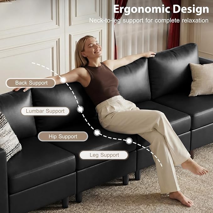 ABCASA L-Shaped Leather Couch, 4 Seater Oversized Faux Leather Couch with Waterproof Covers, Modular Sectional Modern Couch with Movable Storage Seat Ottoman for Living Room, Bedroom Apartment,Black