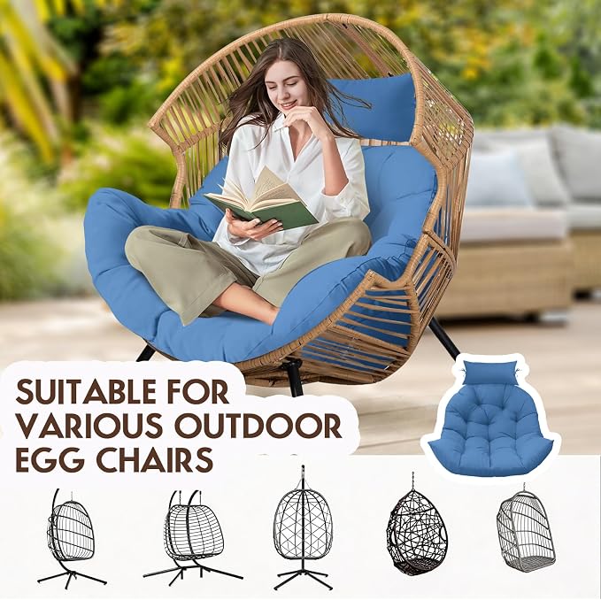 Outdoor Hanging Egg Chair Cushion Replacement, Thicken Egg Chair Cushion Waterproof Basket Eggs Chairs Cushion with Headrest Pillow, U-Shaped Cushions for Hanging Eggs Chairs (Royal Blue)