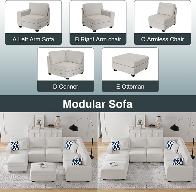 Legend Vansen Oversized Modular Sectional Sofa,U/L‑Shaped Reversible Couch with Ottoman,Deep Seat Plush Polyester Sofa for Living Room,8‑Seater,Cream