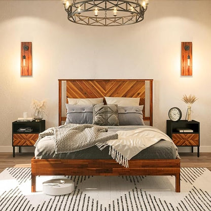 Bme Vivian 14 Inch Deluxe Bed Frame with Headboard, Rustic & Scandinavian Style with Solid Acacia Wood, No Box Spring Needed, 12 Strong Wood Slat Support, Easy Assembly, Queen, Rustic Golden Brown
