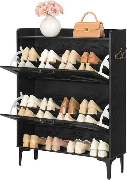 MAHANCRIS Shoe Storage Cabinet, Shoe Organizer with 2 Flip Drawers, Hidden Shoe Storage for Entryway, Freestanding Shoe Cabinet Organizer with Open Storages, Black SHHB9401