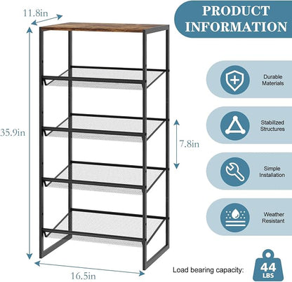 Shoe Rack for Entryway,，5 Tier Shoe Storage Organizer，Sturdy Shoe Shelf,Boot Rack with a Fine Mesh Shelves，for Living Room, Hallway，Small Space,11.8 x 16.5 x 27.9 Inches,Brown