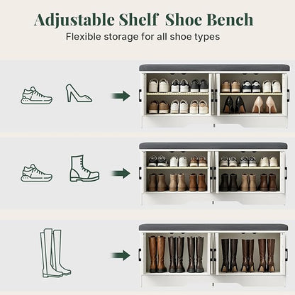 DUMOS 47 Inch Storage Bench, Shoe Organizer Cabinet with Thickened Padded Seat Cushion, Entryway Bench with 4 Doors & Adjustable Shelf for Hallway, Bedroom, Living Room, White