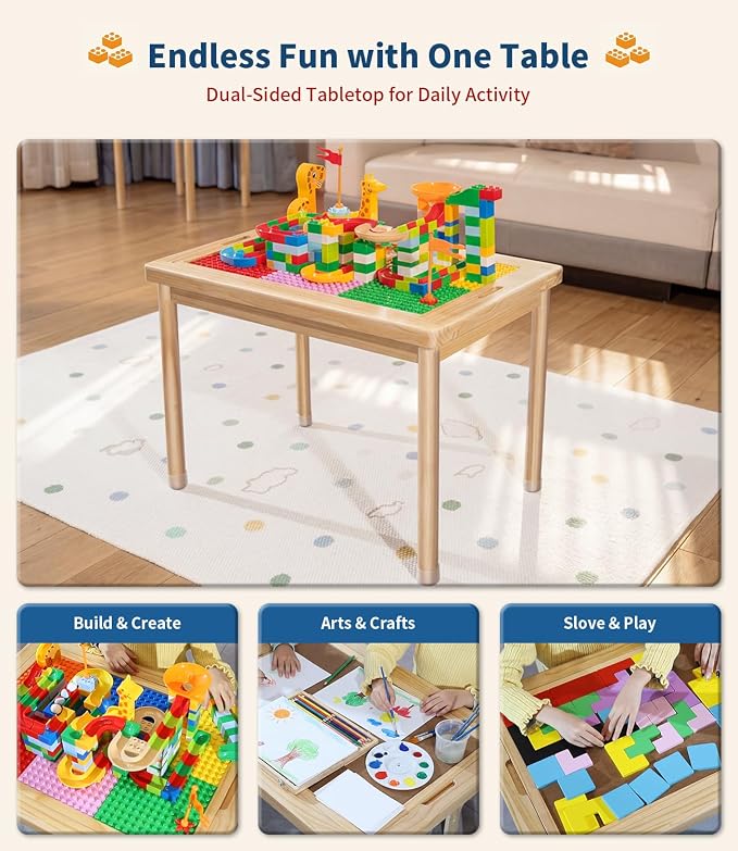 JOIN&JOY 28" Kids Activity Table, Compatible with Lego & Duplo Bricks, 4 Foldable Storage Bins, Premium Solid Pine Wood Play Desk, Reversible Tabletop for Multi-Child STEM Learning & Crafts