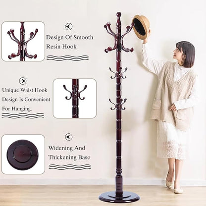 Wooden Coat Rack Freestanding, Hall Tree Hanger With Resin Hooks, Adjustable Heavy Duty Coat Rack for Hanging Clothes Bags Hats in Living Room Bedroom (coat rack, Round Base-Ruyi hook)