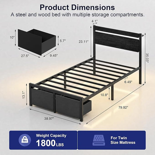 Twin Bed Frames with Drawers, Platform Bed with LED Lights & Charging Station, Wood Headboard, Strong Metal Slats Support, No Box Spring Needed, Noise Free, Easy Assembly