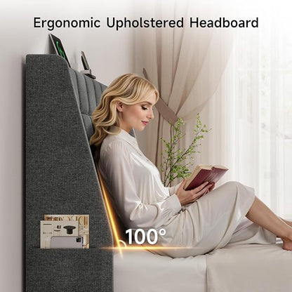 Ergonomic Upholstered Headboard Queen Size w/Charging Station, Linen Wingback Headboards w/Storage Pocket, Queen Headboard Only, Bed Frame Adapters, Sturdy Stable Solid Wood Bed Head Board, Dark Grey