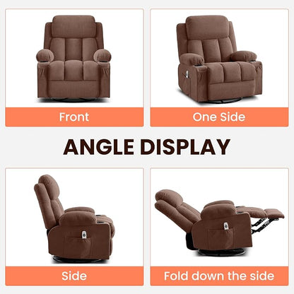 MAHOMICO Swivel Rocker Recliner Chair with Vibration Massage and Heat for Living Room,with Rocking Function and Side Pocket, USB Charge Port,2 Cup Holders