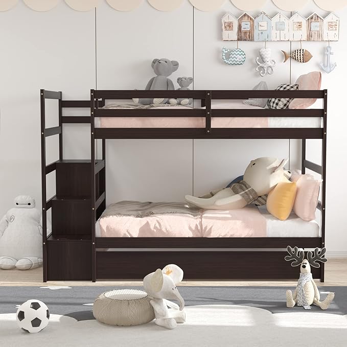 Giantex Twin Over Twin Bunk Bed with Trundle, Solid Wood Bunkbeds with Guard Rail and Storage Stairs, Twin Bunk Bed Frame, Suitable for Kids, Teens, No Box Spring Needed (Espresso)