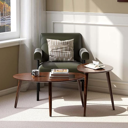Small Oval Coffee Table, 100% Solid Wood Coffee Tables Mid Century Modern Table for Living Room, Side Table End Tables for Home (Walnut Wood Color, 25.59''x17.51''x19.68'')