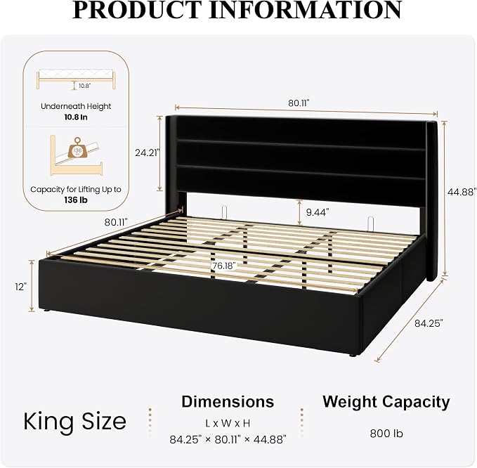 SHA CERLIN King Size Lift Up Storage Bed/Velvet Upholstered/Modern Wingback Headboard/Upholstered Platform Bed Frame/Hydraulic Storage/No Box Spring Needed/Black