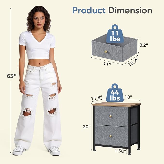 DUMOS Nightstand, Bedside Table for Bedroom, Small Dresser, 2 Fabric Drawer | Side/End Tables with Drawers, Storage Cabinet Furniture, 20 Inch Night Stand for Closet, Entryway, Blue