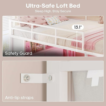 ADORNEVE Loft Bed Full Size with Desk and 8 Storage Drawers, LED Metal Loft Bed with Power Outlet, 2 Shelves & Clothing Rack, Bed with Safety Guardrail & Ladder,Space-Saving, White