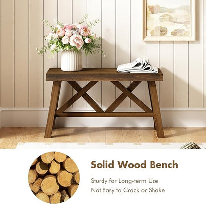 Wnutrees 30" Farmhouse Wood Bench, Rustic Solid Wood Entryway Bench Seat with Double X-Structure for Dining Area Living Room Hallway, Structural Stability, Natural