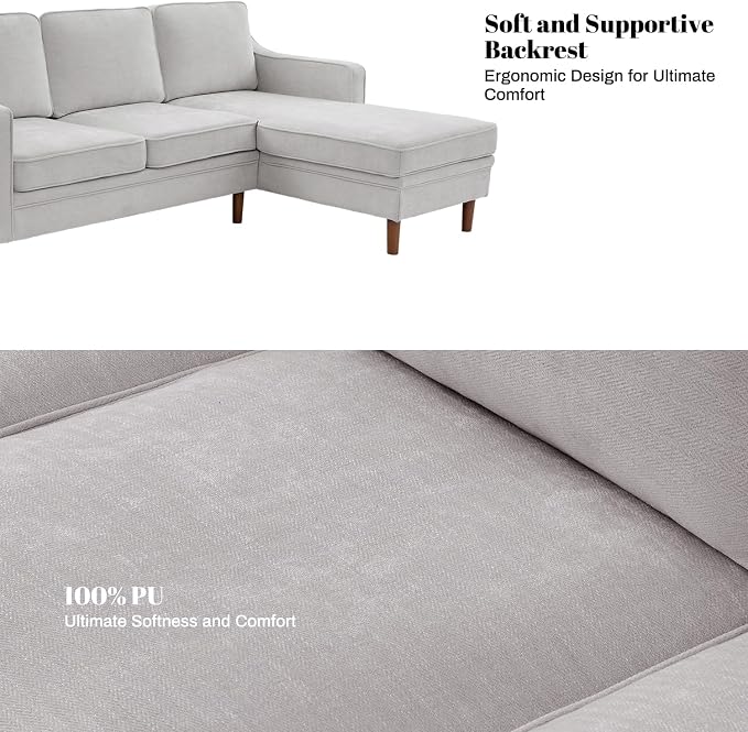 Kingfun 88" L-Shape Sofa, Chenille Sectional Couch, Mid Century Modern Couches with Solid Wood Frame for Living Room Bedroom