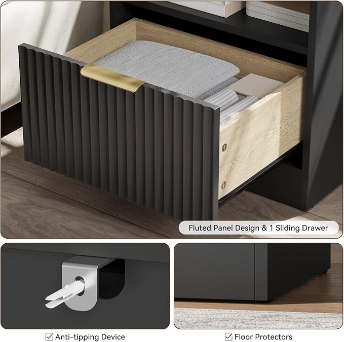 3 Pcs Black Dresser & Nightstand Set, 7 Drawer Dressers and Night Stand Set of 2 with Metal Handle, Fluted Modern Wood Chest of Drawers Storage Dressers Set for Bedroom, Black