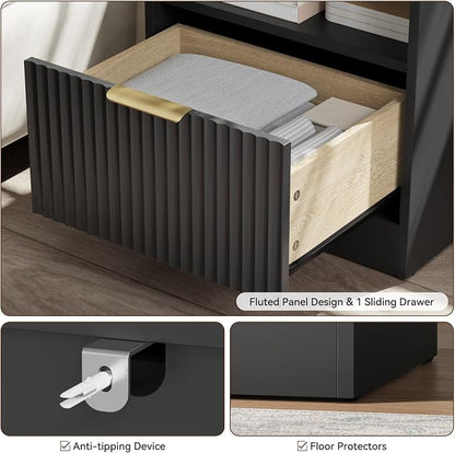 3 Pcs Black Dresser & Nightstand Set, 7 Drawer Dressers and Night Stand Set of 2 with Metal Handle, Fluted Modern Wood Chest of Drawers Storage Dressers Set for Bedroom, Black