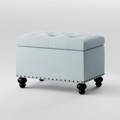 Zihanhome Small Ottoman with Storage, Upholstered Button Tufted Ottoman Foot Rest, Foot Stools, 24" Rectangle Bench with Storage for Living Room, Bedroom, Dorms and Apartments (Light Blue)