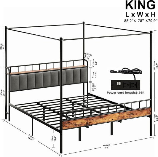 LIKIMIO Canopy Bed Frame King, Storage Headboard with Charging Station, Platform Bed with 4 Removable Sturdy Posts, Noise Free, No Box Spring Needed, Vintage Brown
