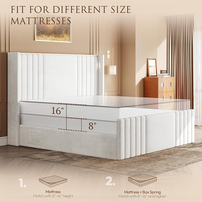 Queen Bed Frame with 55.1" Tall Headboard, Velvet Upholstered Platform Bed with Channel Tufted Wingback, 2 Reading Lights/Storage Shelf/Charging Station/Easy Assembly/Noise-Free, Cream