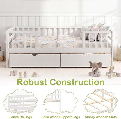 Giantex Full Kids Bed with Storage Drawers, Wood Montessori Bed with Rails & Side Shelf, Low Daybed Bed Frame for Boys Girls, No Box Spring Needed (White)