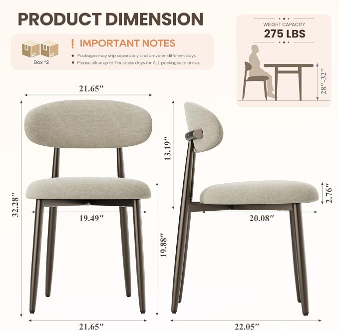 MALOL Dining Chairs Set of 4, Upholstered Kitchen & Dining Room Chairs with Curved Back and Bronze Metal Legs, Comfortable Modern Dining Side Chairs for Dining Room, Kitchen, Camel