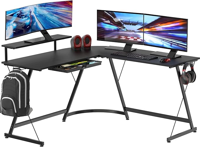 SHW 51 x 51 Inches Vista L-Shaped Desk with Monitor Stand and Drawer, Black