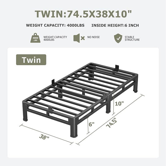 NKZ 10 Inch Twin Size Bed Frame, Metal Bed Frame & Box Spring 2 in 1 Platform with Round Corner Legs, 4000lbs Weight Capacity Reinforced Low Profile Metal Frame, Noise-Free, Easy Assembly