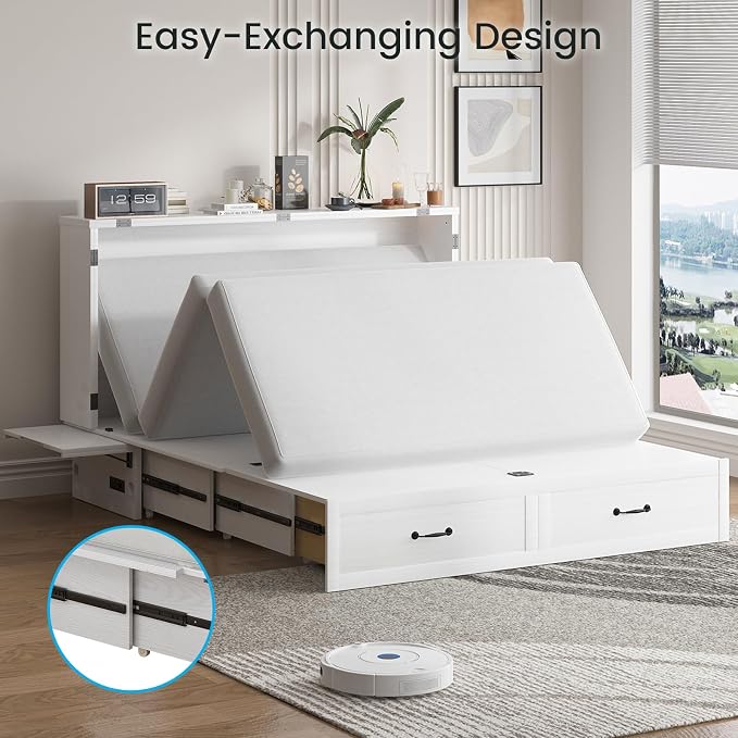 PUREMIND Queen Murphy Bed with Mattress Included, Solid Wood Cabinet Bed with Storage Drawer, USB Charging Ports and Folding Tray, Space Saving Hideaway Murphy Beds Cabinet for Guest Room
