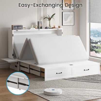 PUREMIND Queen Murphy Bed with Mattress Included, Solid Wood Cabinet Bed with Storage Drawer, USB Charging Ports and Folding Tray, Space Saving Hideaway Murphy Beds Cabinet for Guest Room