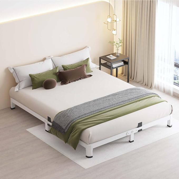 MAF 4 Inch Queen Metal Platform Bed Frame White with Round Corner Legs, Mattress Slide Stopper, 3000 LBS Heavy Duty Steel Slats Support, Noise Free, No Box Spring Needed, Easy Assembly
