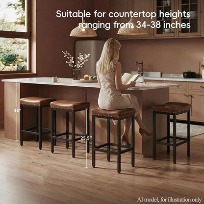 Forteek Counter Height Bar Stools Set of 2, 25.5 Inch, Industrial Vintage Bar Stool with Nailhead, Faux Leather Barstool with Footrest, Saddle Stool for Kitchen Island, Dining Room, Easy Assembly
