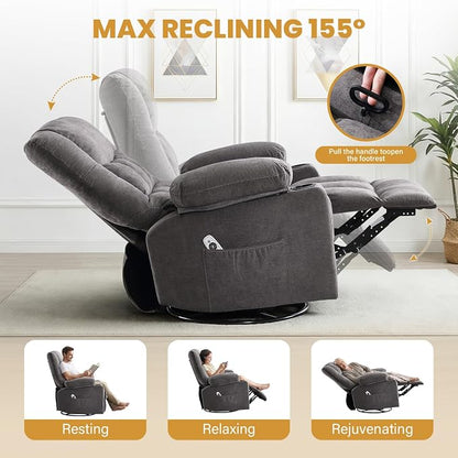 Swivel Recliner Chair for Adults with Vibration Massage and Lumbar Heat , Oversized Ergonomic Rocking Chair for Living Room and Bedroom, Featuring Side Pocket, 2 Cup Holders & USB Charge Port
