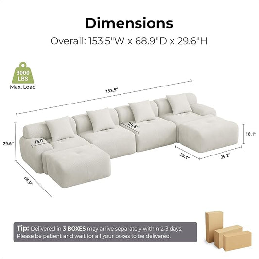 LIKIMIO LumiCord 153.5" Tufted Modular Sectional Sofa, Modern U-Shaped Boneless Couch for Living Room, 26.8" Deep Seat, 18.1" High Seating, 15" Wide Armrest, Corduroy, Oatmeal Beige