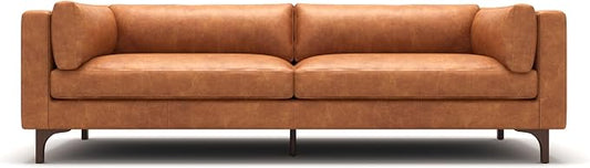 Valencia Mary Leather Couch 93" | Top Grain Nappa 11000 Leather Wide Seat, Solid Wood Frame, Plush Cushioning, Top-Stitched French Seams, Saddle Tan