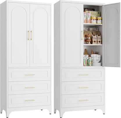 SteeLoong Metal Kitchen Pantry Cabinet with 3 Drawers，75 Inch White Food Pantry Cabinets for Kitchen Storage with 2 Adjustable Shelves,Tall Storage Cupboard for Living Room,Dining Room Office